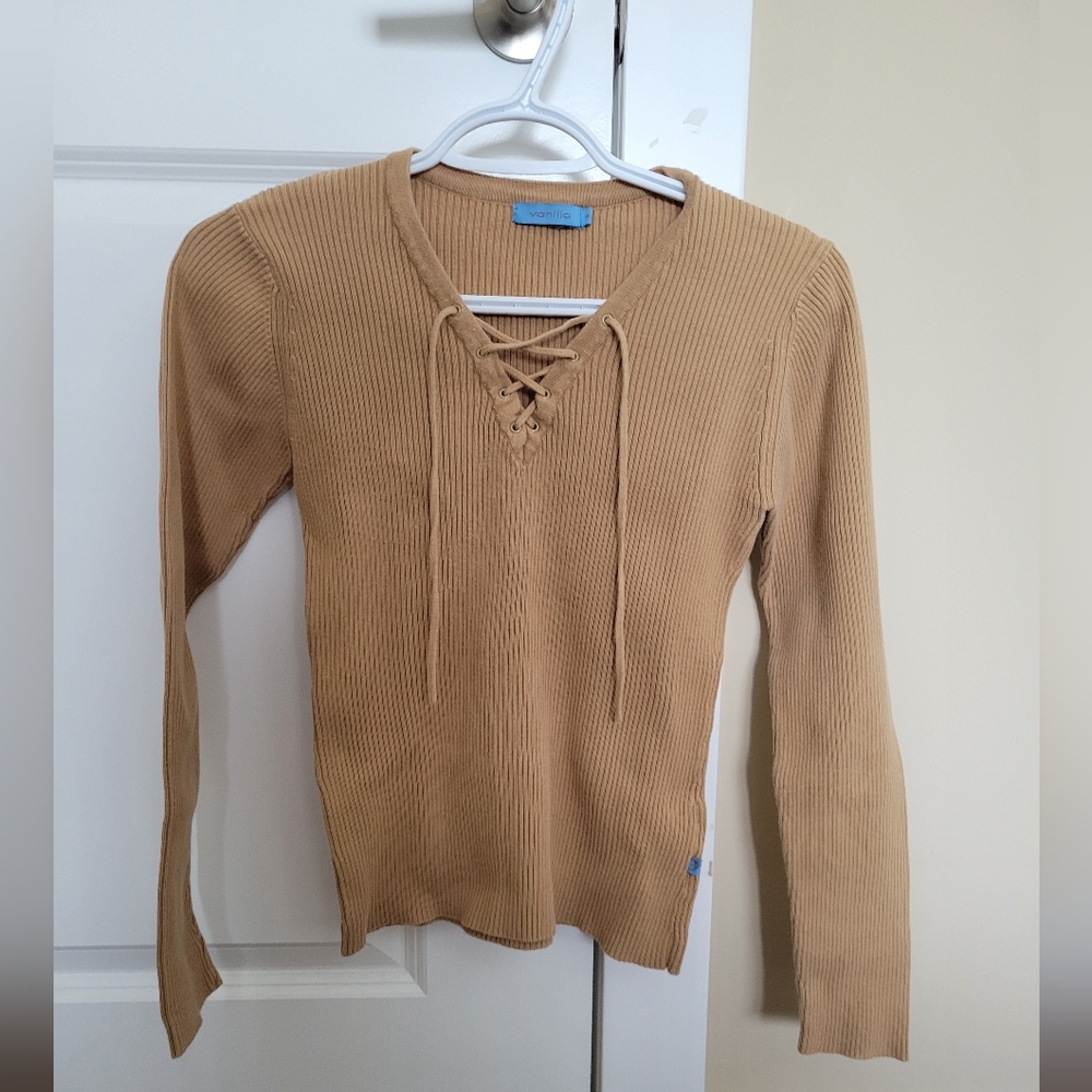 Tan Knit Blouse with Crew Neckline